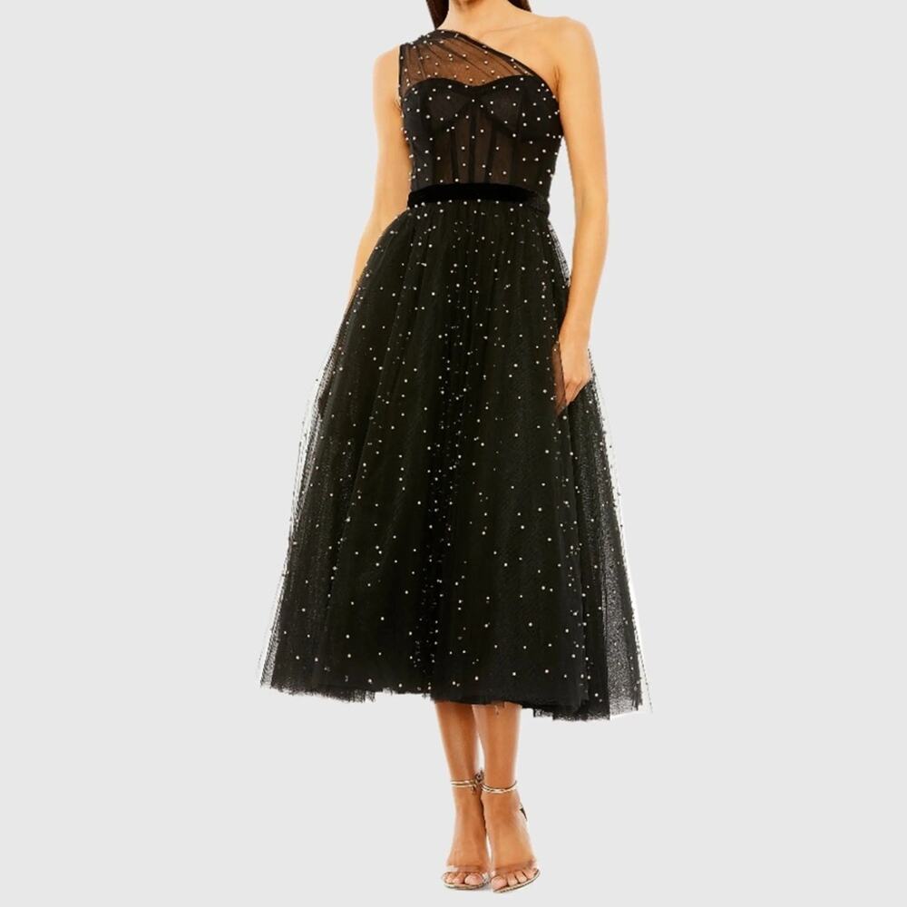 Mac Duggal Black One Shoulder Pearl Beaded Midi Ballgown 20745 Women’s Sz 2 NWT